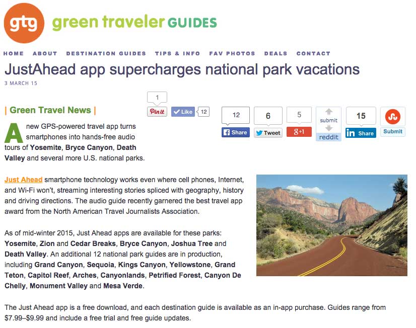 Green Traveler Guides feature on Just Ahead.